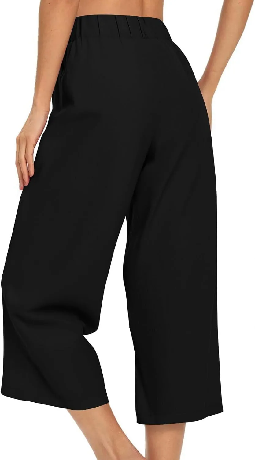 Wide Leg Capri Pants for Women Petite Linen Pants Women Summer Casual High Waisted Pants Trousers with Pockets