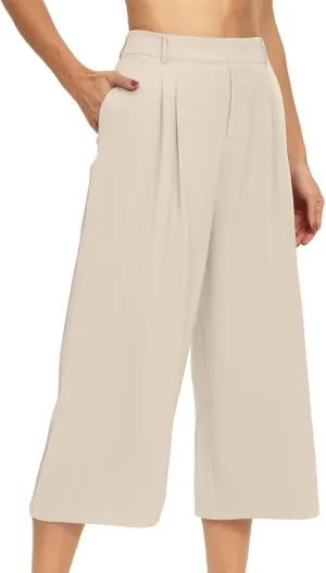 Wide Leg Capri Pants for Women Petite Linen Pants Women Summer Casual High Waisted Pants Trousers with Pockets