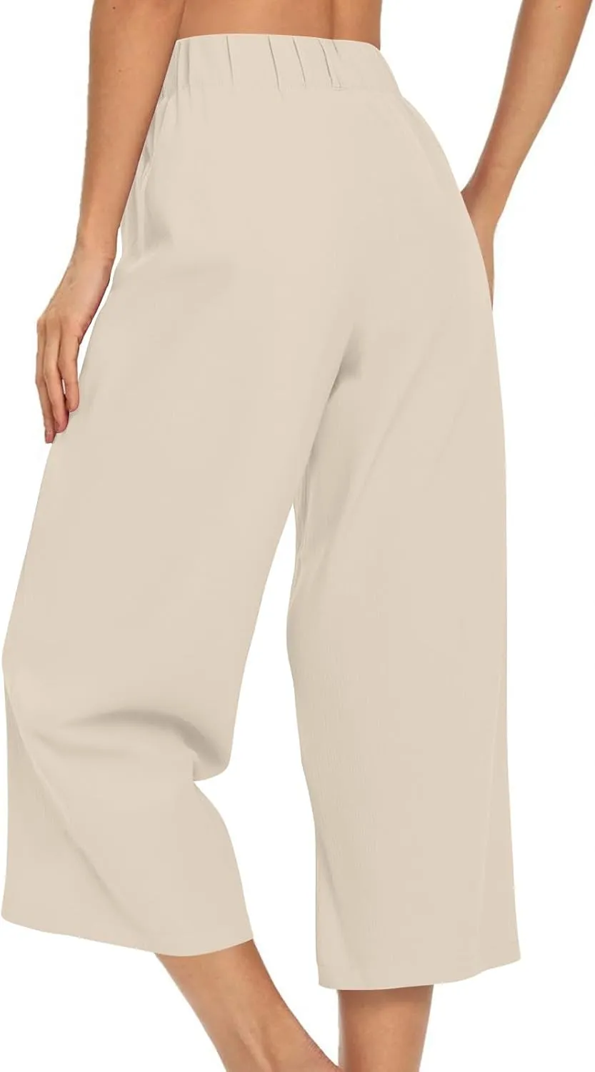 Wide Leg Capri Pants for Women Petite Linen Pants Women Summer Casual High Waisted Pants Trousers with Pockets