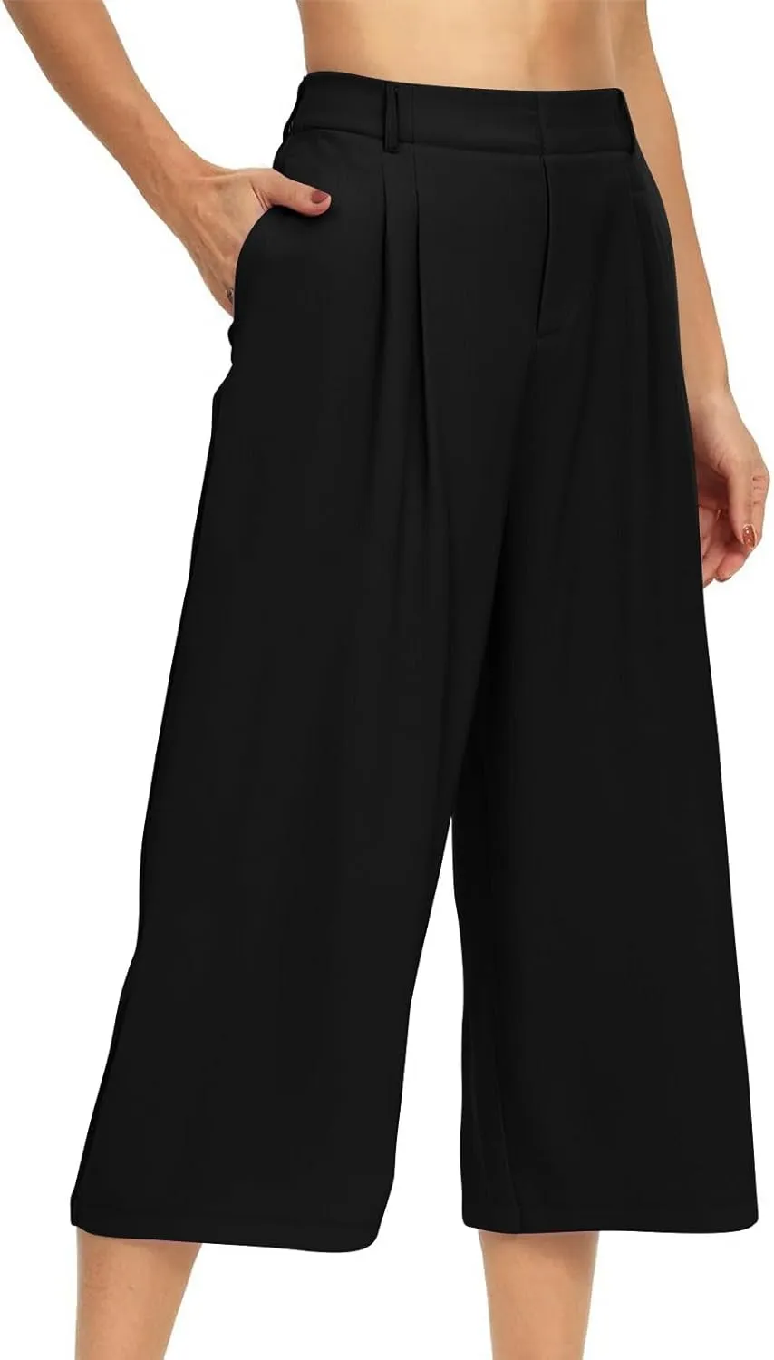 Wide Leg Capri Pants for Women Petite Linen Pants Women Summer Casual High Waisted Pants Trousers with Pockets