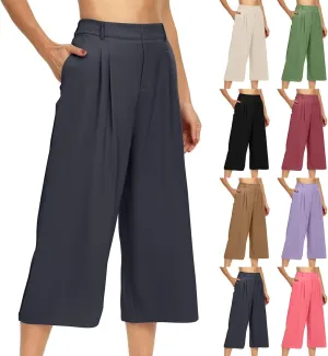 Wide Leg Capri Pants for Women Petite Linen Pants Women Summer Casual High Waisted Pants Trousers with Pockets