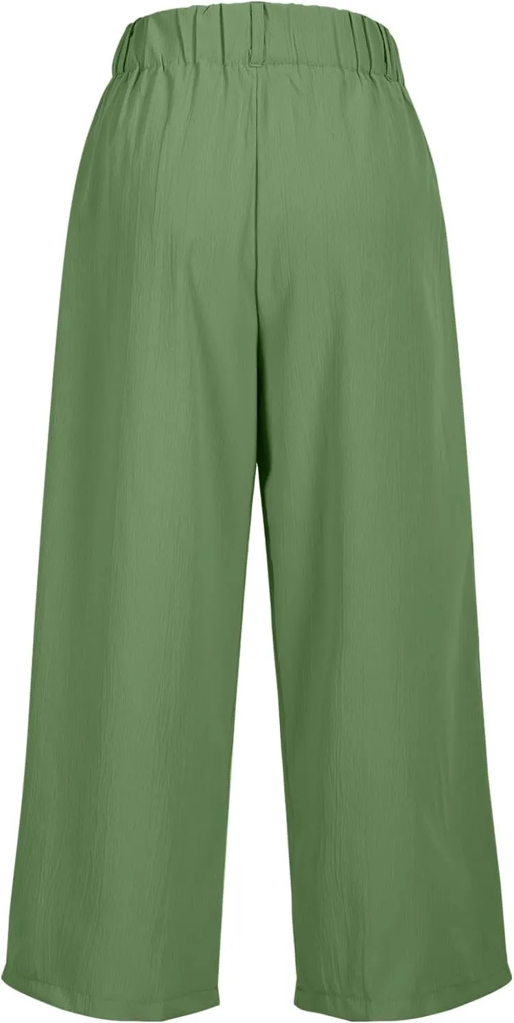 Wide Leg Capri Pants for Women Petite Linen Pants Women Summer Casual High Waisted Pants Trousers with Pockets