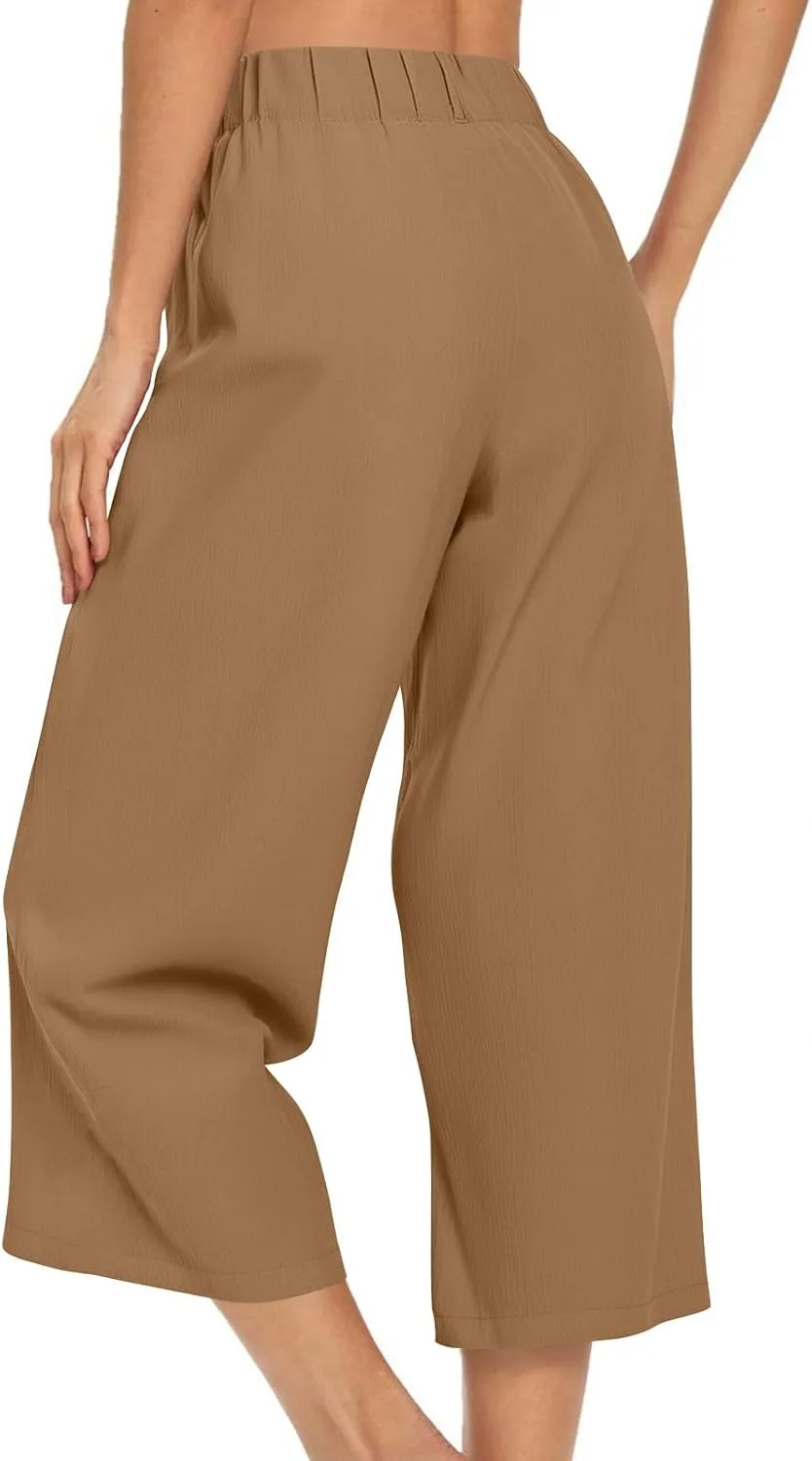 Wide Leg Capri Pants for Women Petite Linen Pants Women Summer Casual High Waisted Pants Trousers with Pockets