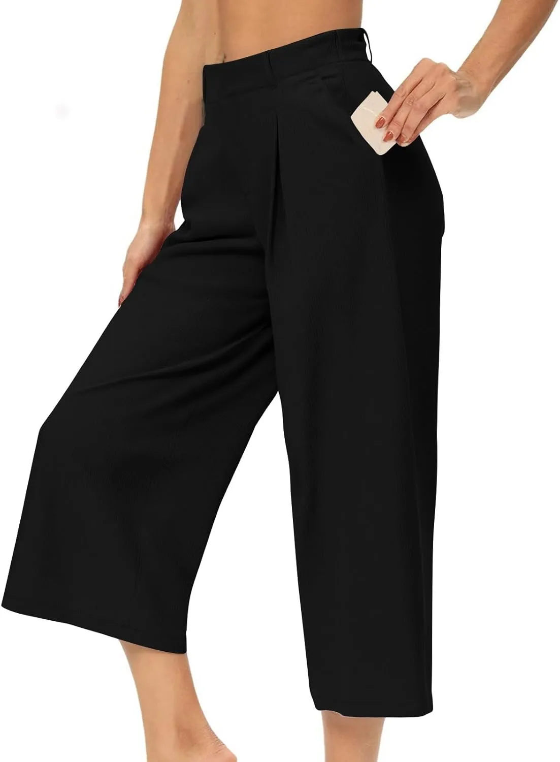 Wide Leg Capri Pants for Women Petite Linen Pants Women Summer Casual High Waisted Pants Trousers with Pockets
