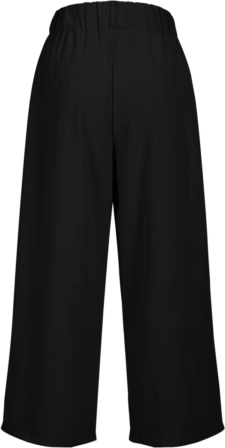 Wide Leg Capri Pants for Women Petite Linen Pants Women Summer Casual High Waisted Pants Trousers with Pockets