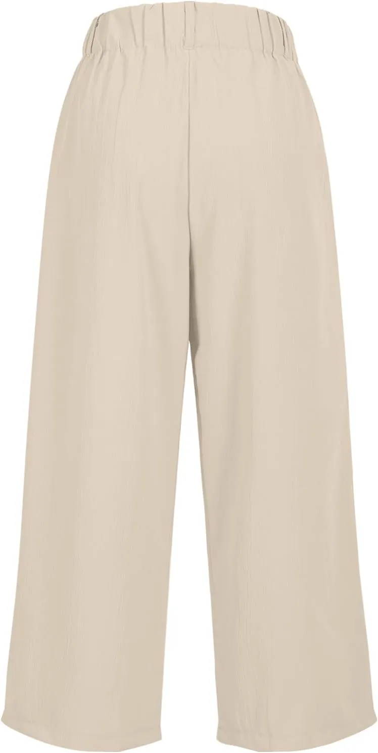 Wide Leg Capri Pants for Women Petite Linen Pants Women Summer Casual High Waisted Pants Trousers with Pockets