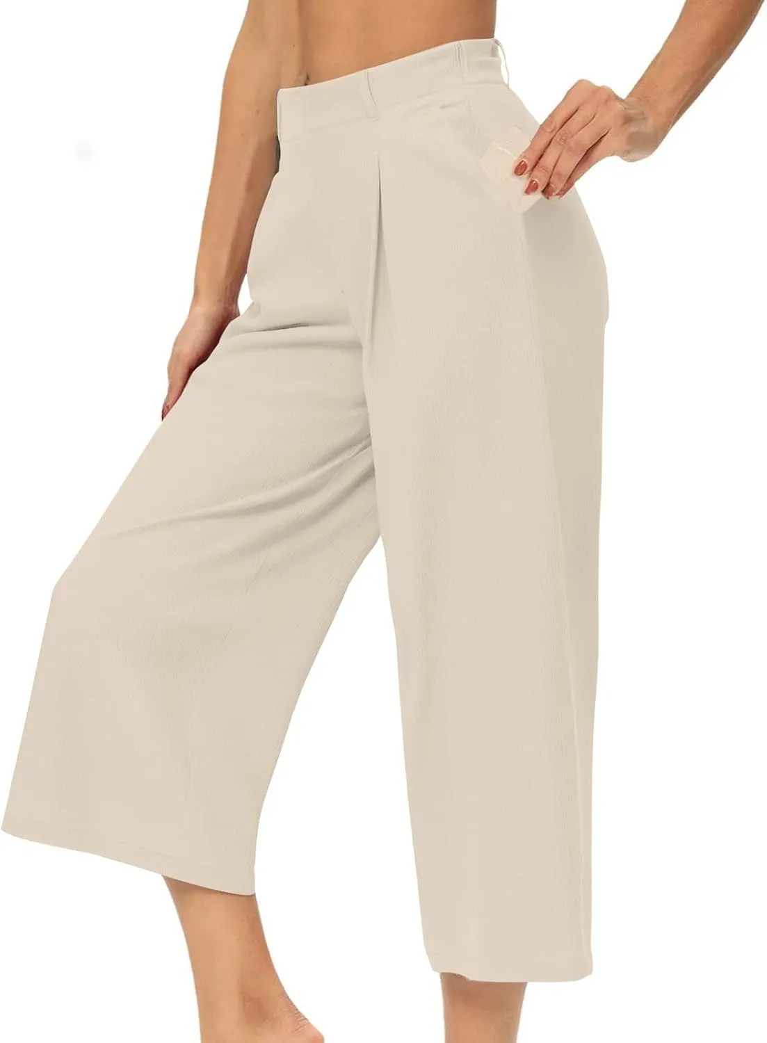 Wide Leg Capri Pants for Women Petite Linen Pants Women Summer Casual High Waisted Pants Trousers with Pockets