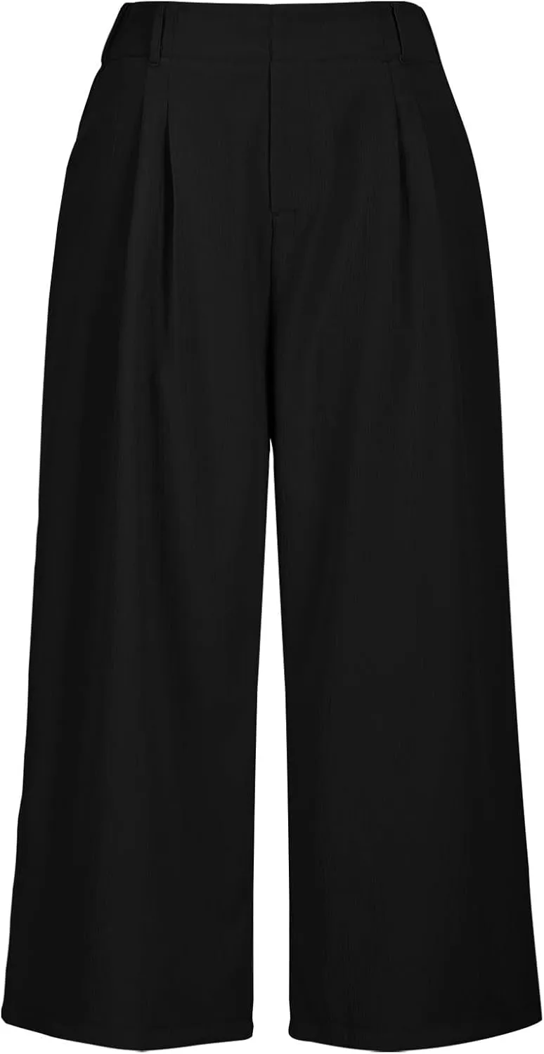 Wide Leg Capri Pants for Women Petite Linen Pants Women Summer Casual High Waisted Pants Trousers with Pockets