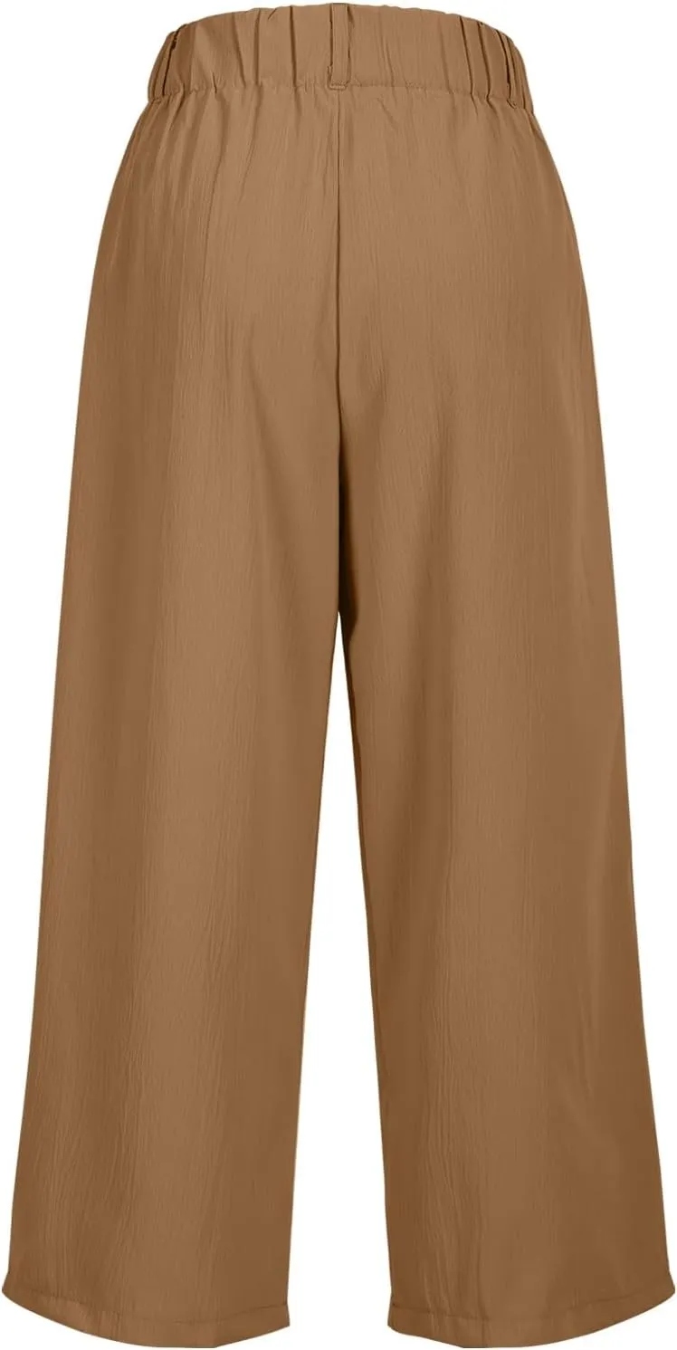 Wide Leg Capri Pants for Women Petite Linen Pants Women Summer Casual High Waisted Pants Trousers with Pockets