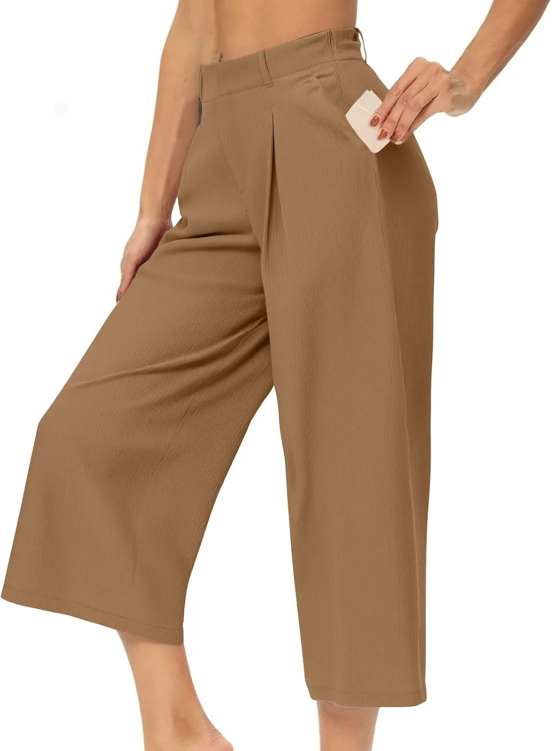 Wide Leg Capri Pants for Women Petite Linen Pants Women Summer Casual High Waisted Pants Trousers with Pockets