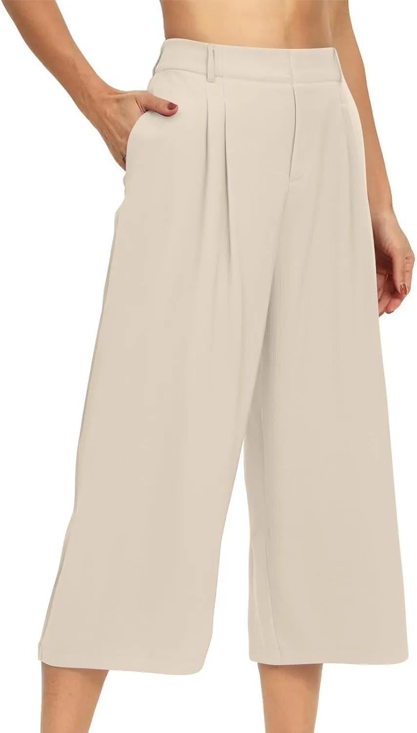 Wide Leg Capri Pants for Women Petite Linen Pants Women Summer Casual High Waisted Pants Trousers with Pockets