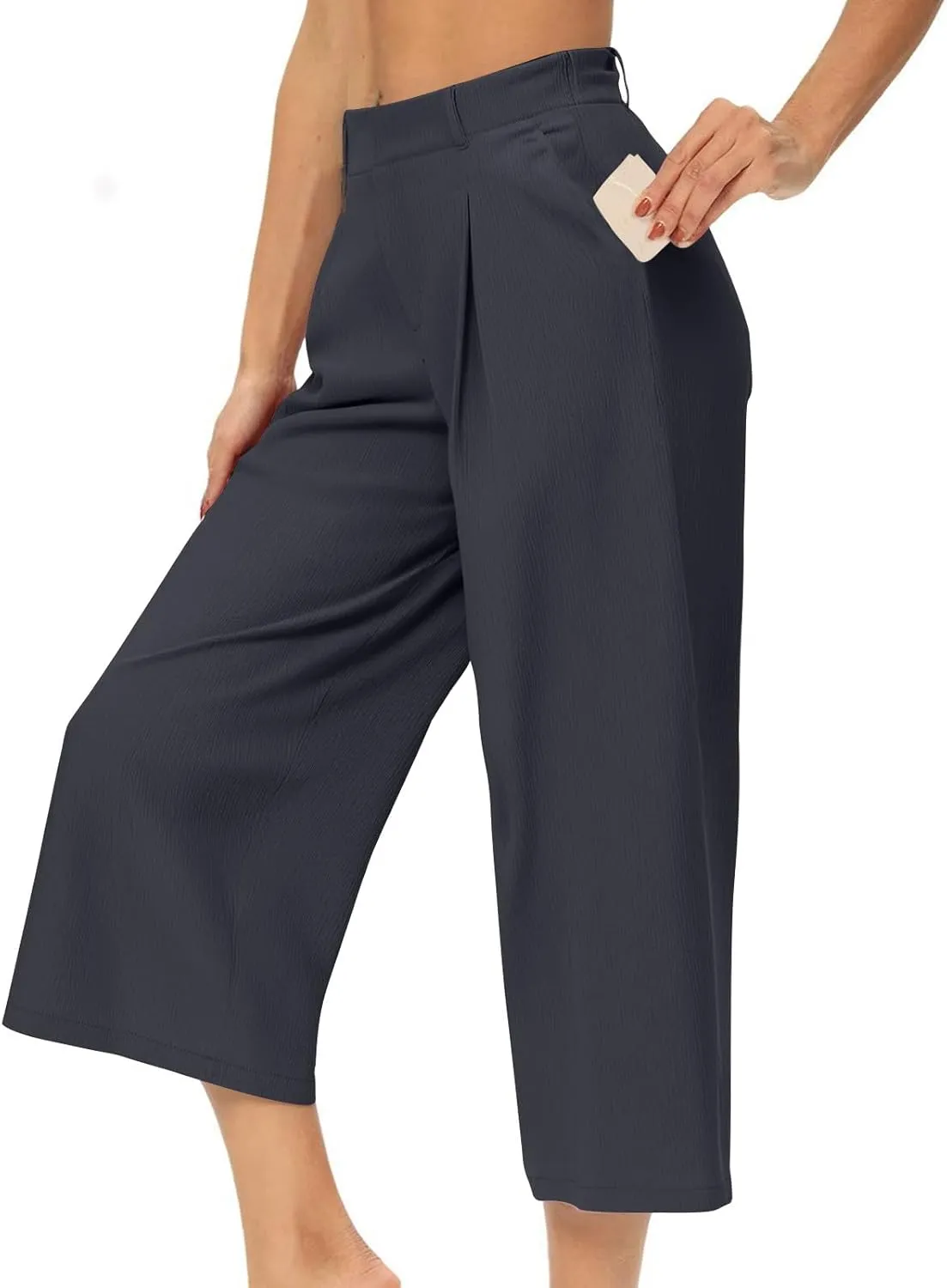 Wide Leg Capri Pants for Women Petite Linen Pants Women Summer Casual High Waisted Pants Trousers with Pockets