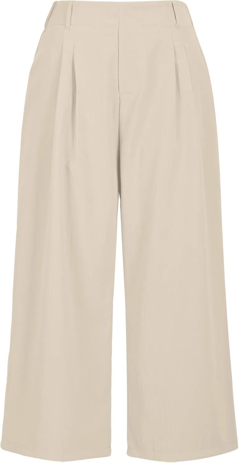 Wide Leg Capri Pants for Women Petite Linen Pants Women Summer Casual High Waisted Pants Trousers with Pockets