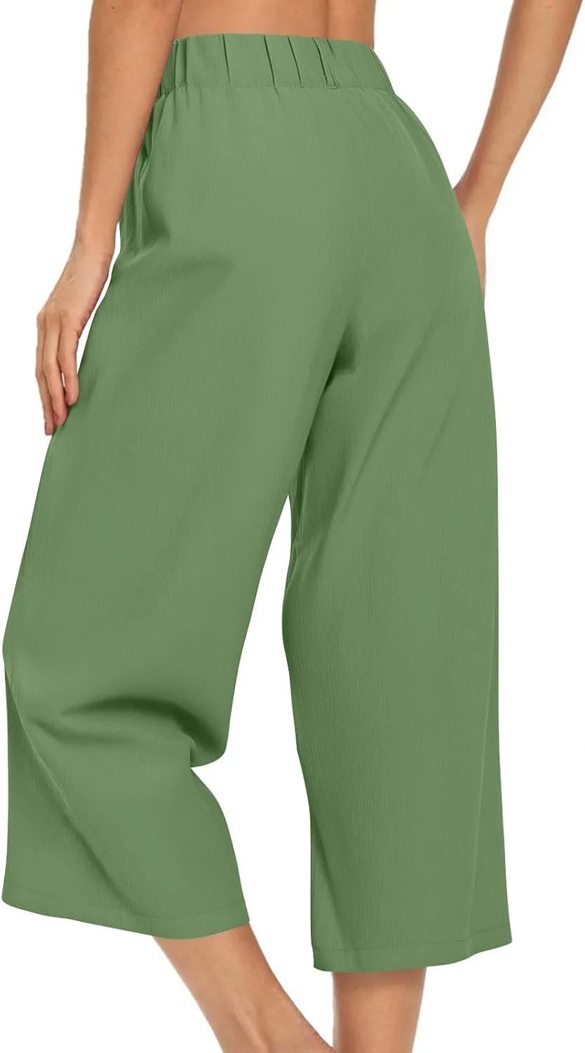 Wide Leg Capri Pants for Women Petite Linen Pants Women Summer Casual High Waisted Pants Trousers with Pockets