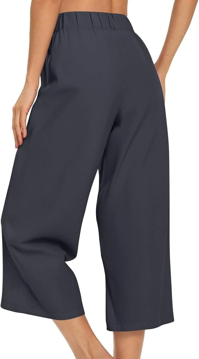 Wide Leg Capri Pants for Women Petite Linen Pants Women Summer Casual High Waisted Pants Trousers with Pockets