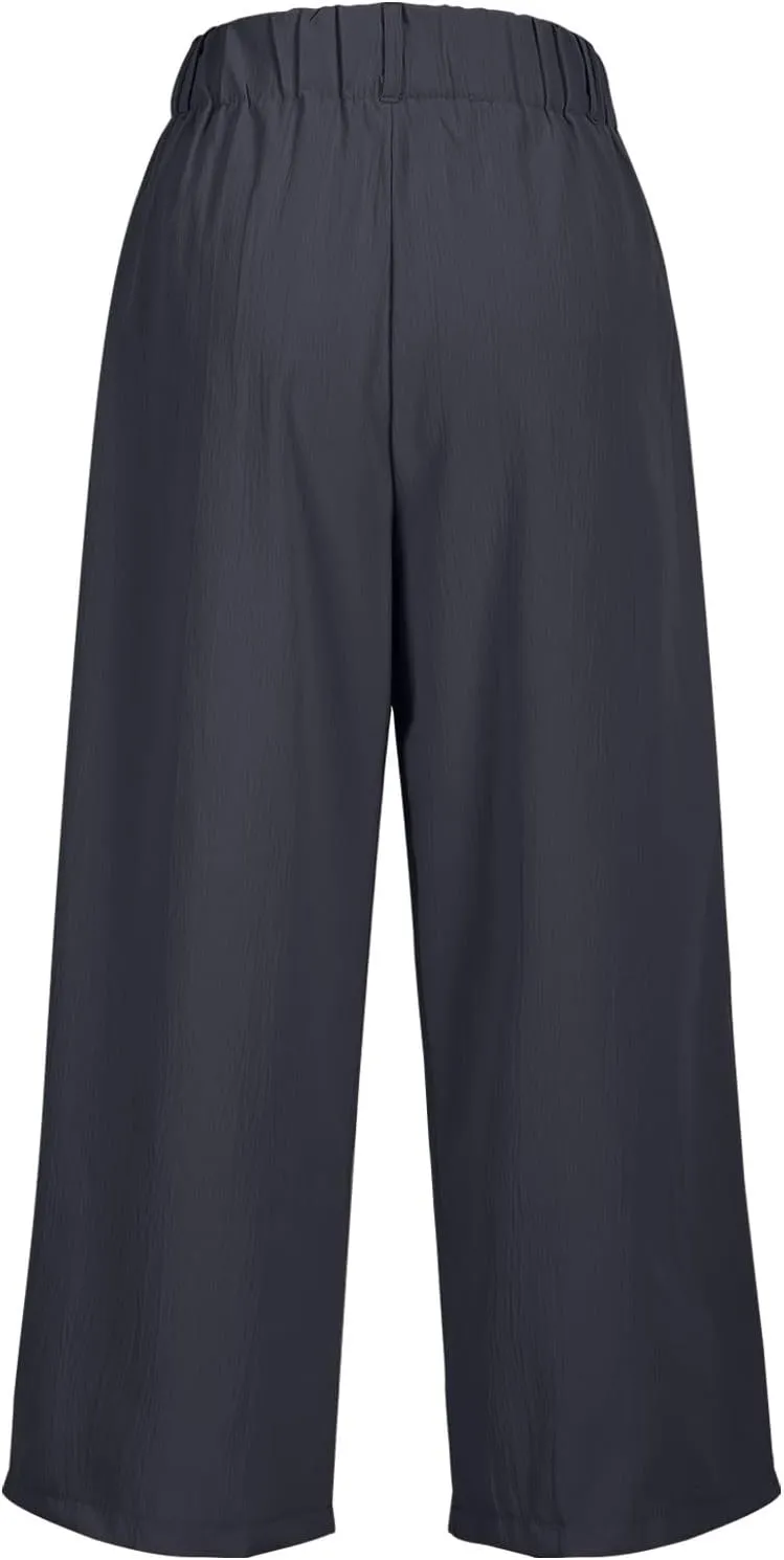 Wide Leg Capri Pants for Women Petite Linen Pants Women Summer Casual High Waisted Pants Trousers with Pockets