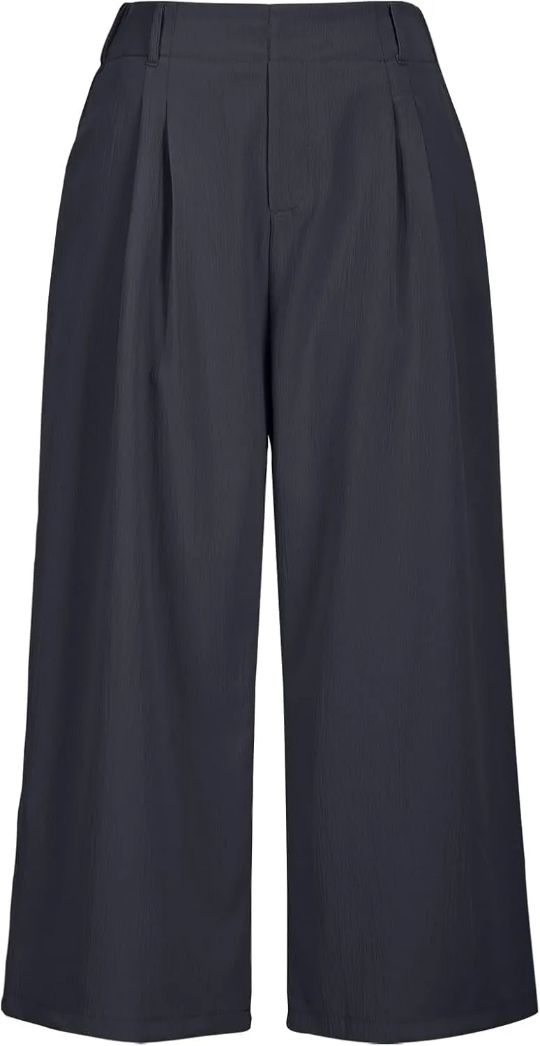 Wide Leg Capri Pants for Women Petite Linen Pants Women Summer Casual High Waisted Pants Trousers with Pockets