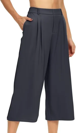 Wide Leg Capri Pants for Women Petite Linen Pants Women Summer Casual High Waisted Pants Trousers with Pockets
