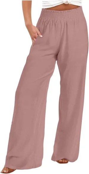 Wide Leg Pants Woman High Waisted Elastic Waist Lounge Pants Stretchy Loose Workout Palazzo Pants with Pockets, Large