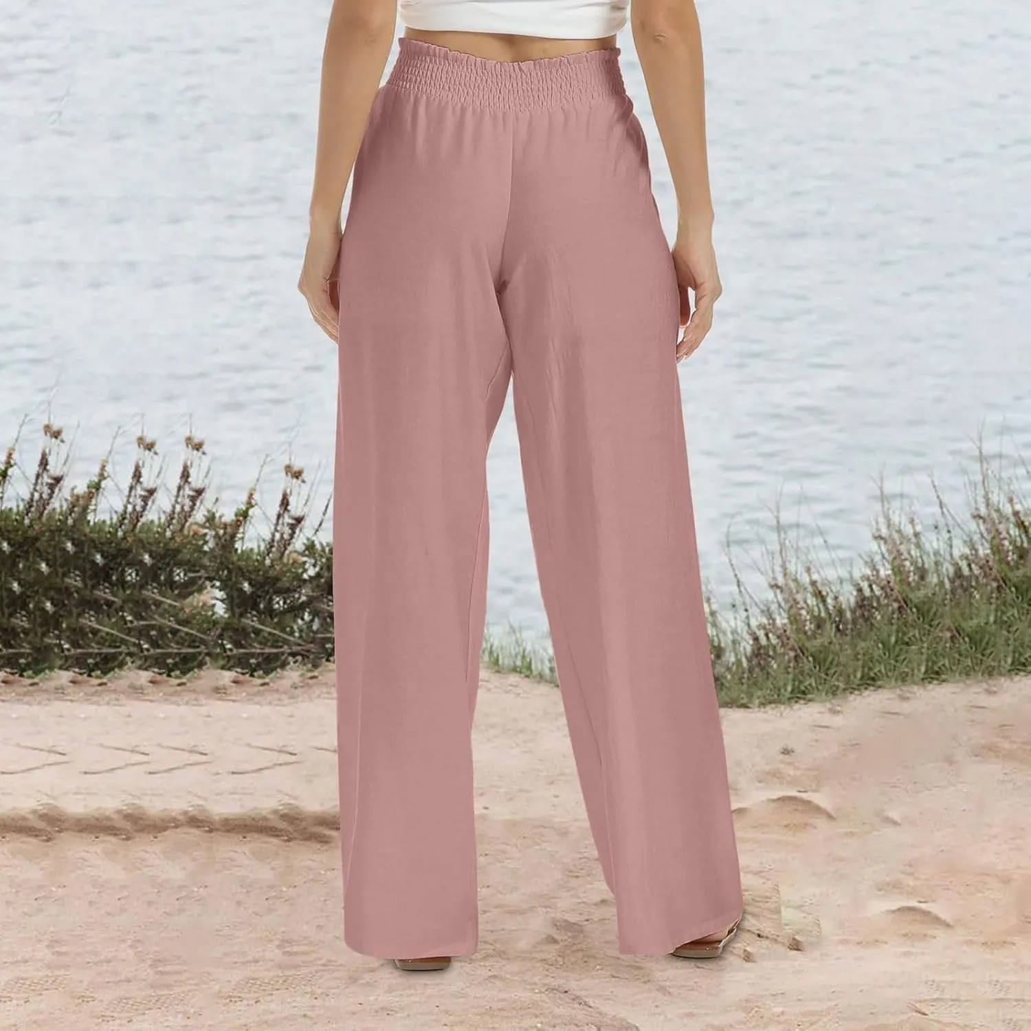 Wide Leg Pants Woman High Waisted Elastic Waist Lounge Pants Stretchy Loose Workout Palazzo Pants with Pockets, Large