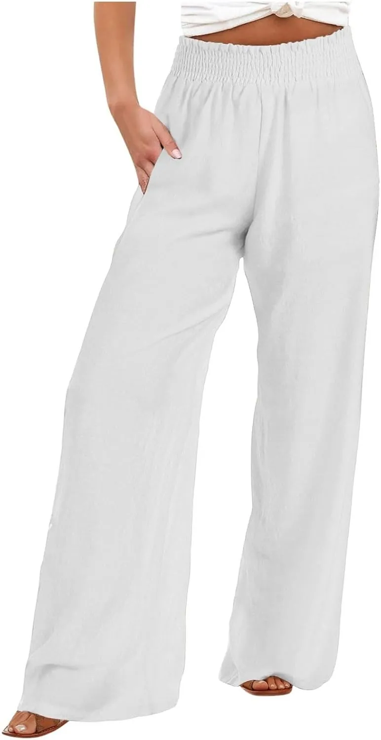 Wide Leg Pants Woman High Waisted Elastic Waist Lounge Pants Stretchy Loose Workout Palazzo Pants with Pockets, Large