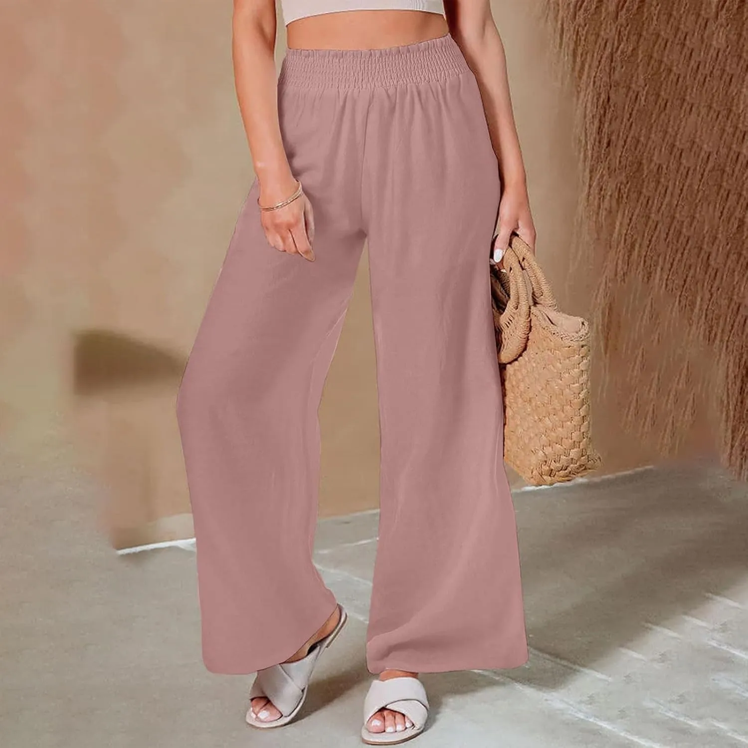 Wide Leg Pants Woman High Waisted Elastic Waist Lounge Pants Stretchy Loose Workout Palazzo Pants with Pockets, Large