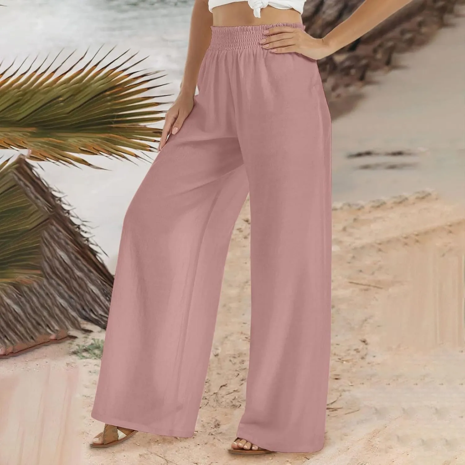 Wide Leg Pants Woman High Waisted Elastic Waist Lounge Pants Stretchy Loose Workout Palazzo Pants with Pockets, Large