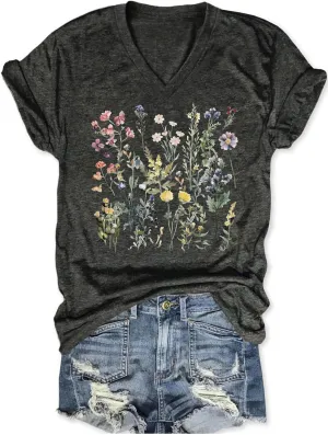 Wildflowers V Neck Shirt Women Boho Floral Flowers Graphic Tee Casual Cottagecore Short Sleeve T Shirt