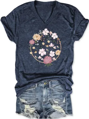 Wildflowers V Neck Shirt Women Boho Floral Flowers Graphic Tee Casual Cottagecore Short Sleeve T Shirt