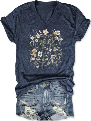 Wildflowers V Neck Shirt Women Boho Floral Flowers Graphic Tee Casual Cottagecore Short Sleeve T Shirt