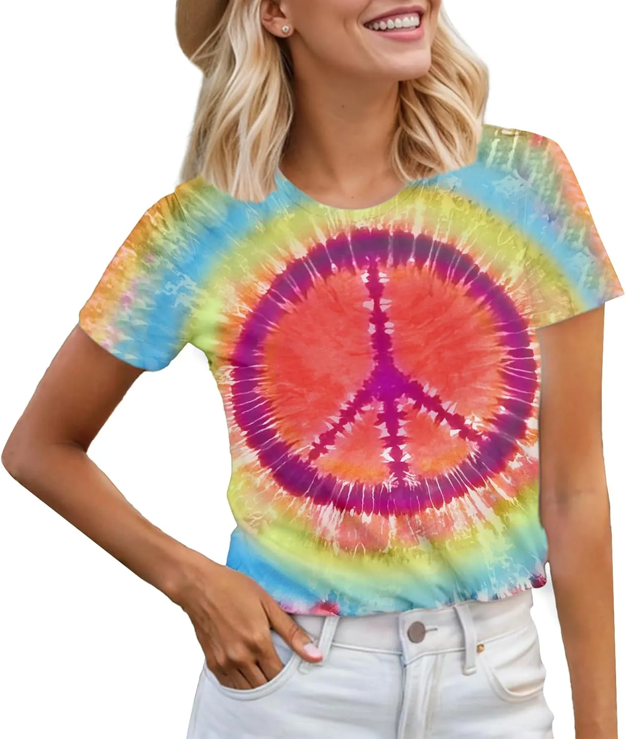 Women Hippie Shirt 60s 70s Tie Dye Hippie Costume T-Shirt Peace Love Tshirt Vintage Graphic Tee Tops