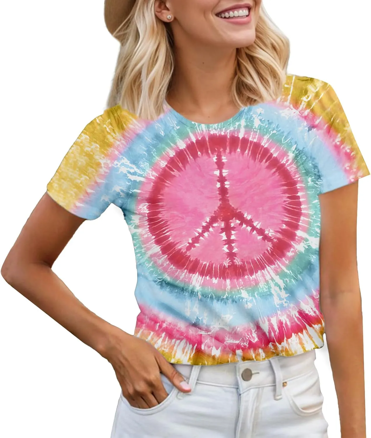 Women Hippie Shirt 60s 70s Tie Dye Hippie Costume T-Shirt Peace Love Tshirt Vintage Graphic Tee Tops