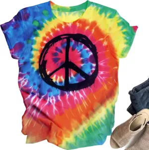 Women Hippie Shirt Tie Dye Peace Sign Tshirts Hippy Peace Costume Hippie Outfit Tee