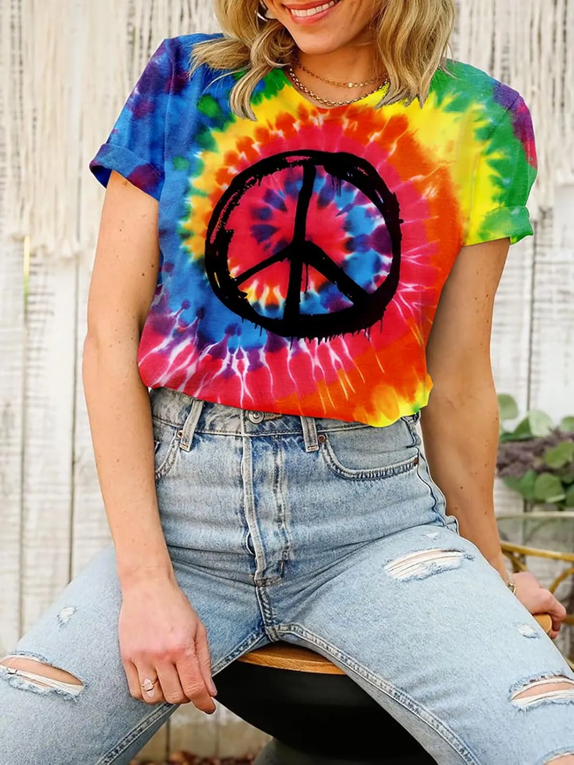 Women Hippie Shirt Tie Dye Peace Sign Tshirts Hippy Peace Costume Hippie Outfit Tee