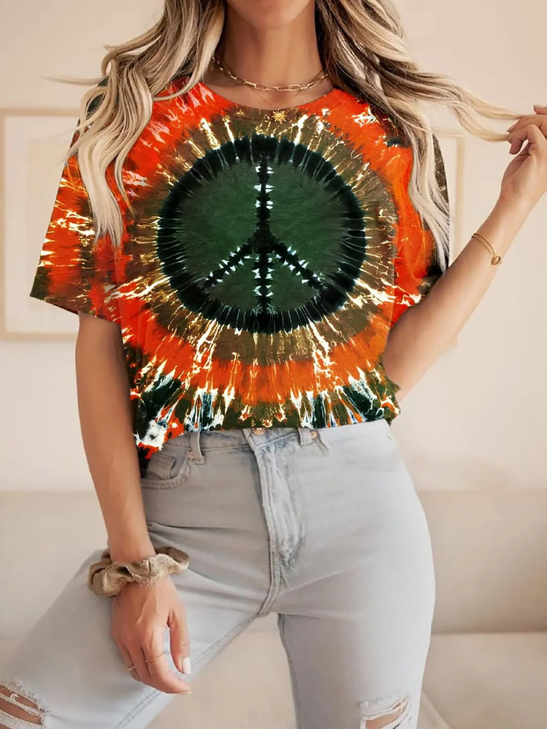 Women Hippie Shirt Tie Dye Peace Sign Tshirts Hippy Peace Costume Hippie Outfit Tee
