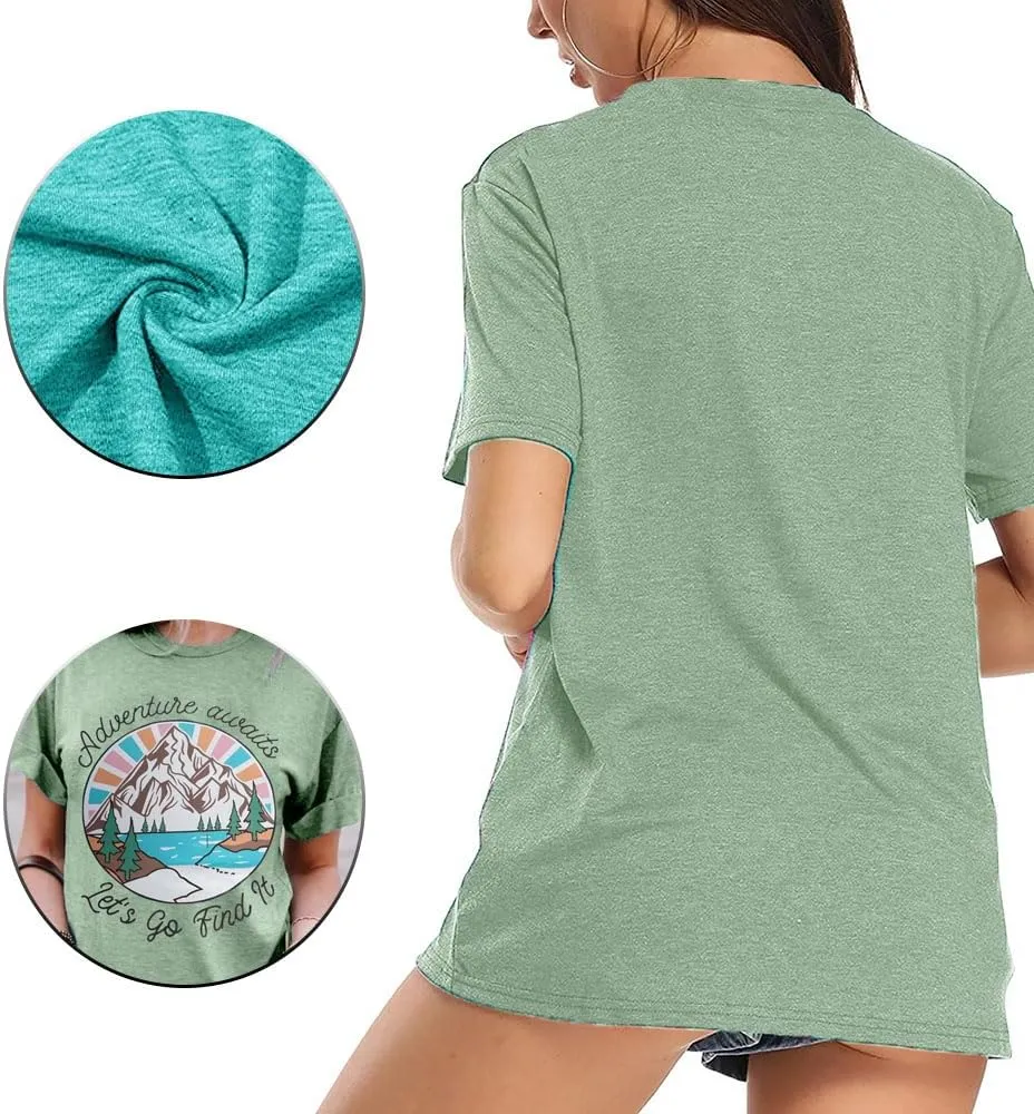 Women Mountain Shirts and So The Adventure Begins Tshirt Sunshine Moon Nature Pine Graphic Tees Heart Let's Go Find It Top
