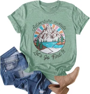 Women Mountain Shirts and So The Adventure Begins Tshirt Sunshine Moon Nature Pine Graphic Tees Heart Let's Go Find It Top