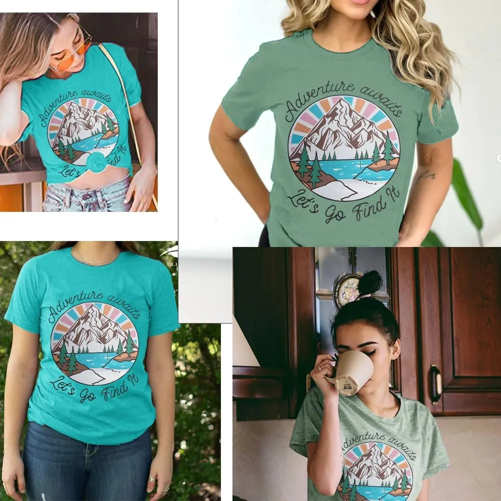 Women Mountain Shirts and So The Adventure Begins Tshirt Sunshine Moon Nature Pine Graphic Tees Heart Let's Go Find It Top