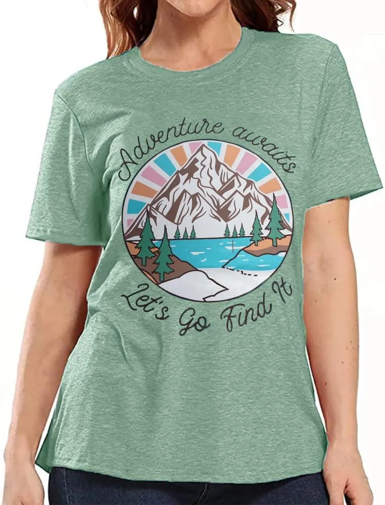 Women Mountain Shirts and So The Adventure Begins Tshirt Sunshine Moon Nature Pine Graphic Tees Heart Let's Go Find It Top