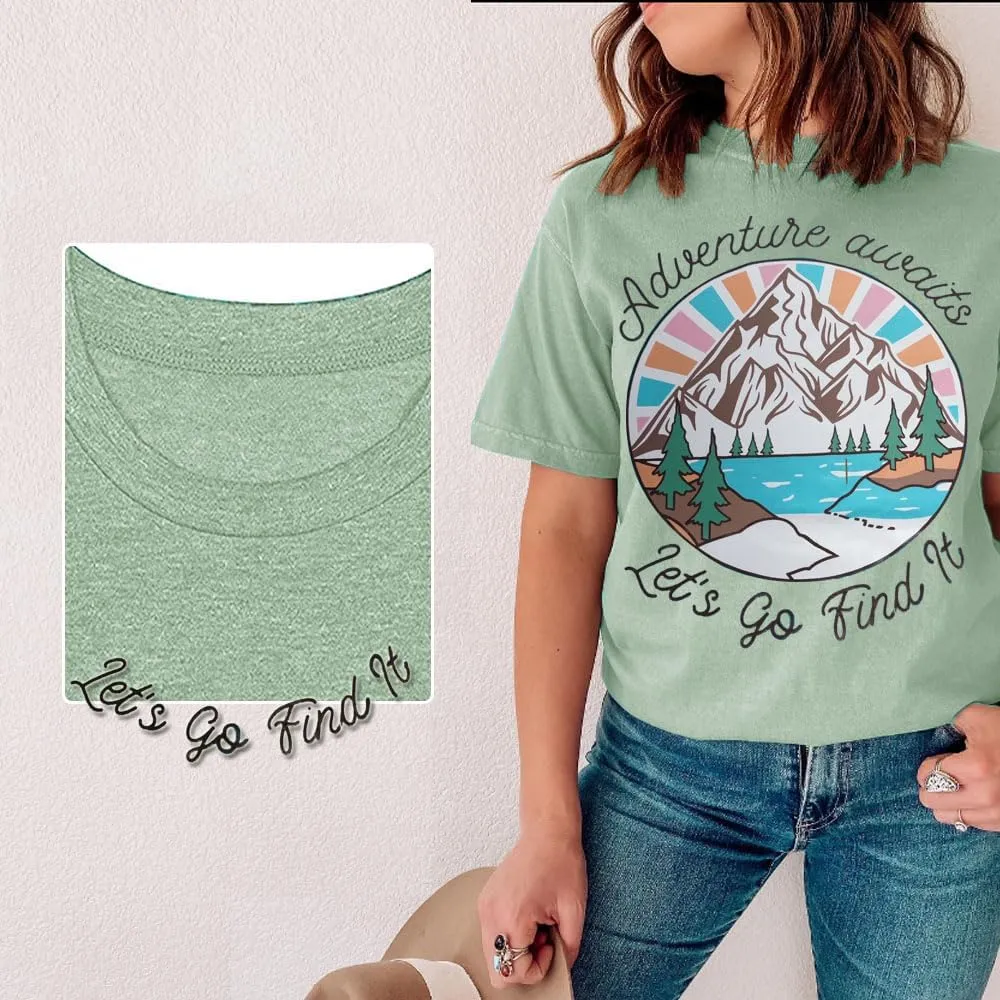 Women Mountain Shirts and So The Adventure Begins Tshirt Sunshine Moon Nature Pine Graphic Tees Heart Let's Go Find It Top