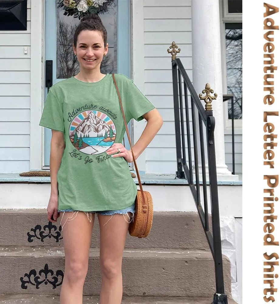 Women Mountain Shirts and So The Adventure Begins Tshirt Sunshine Moon Nature Pine Graphic Tees Heart Let's Go Find It Top