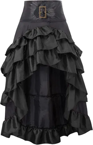 Women Steampunk Gothic Wrap Maxi Skirt Victorian Ruffles Pirate Skirts Vintage High-Low Waist A Line Bustle Costume