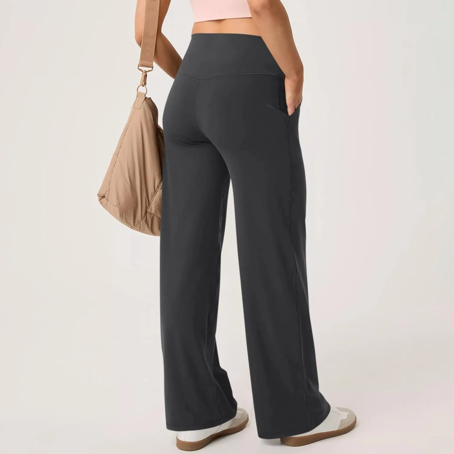Women Wide Leg Yoga Pants with Pockets Stretch Straight Leg Dress Pant Tummy Control Flare Leggings Athletic Pant