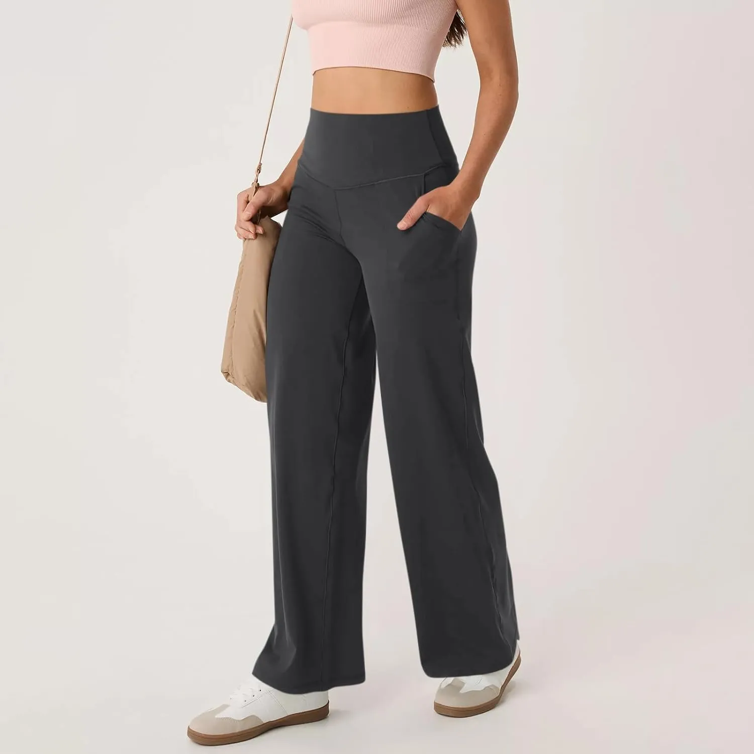 Women Wide Leg Yoga Pants with Pockets Stretch Straight Leg Dress Pant Tummy Control Flare Leggings Athletic Pant