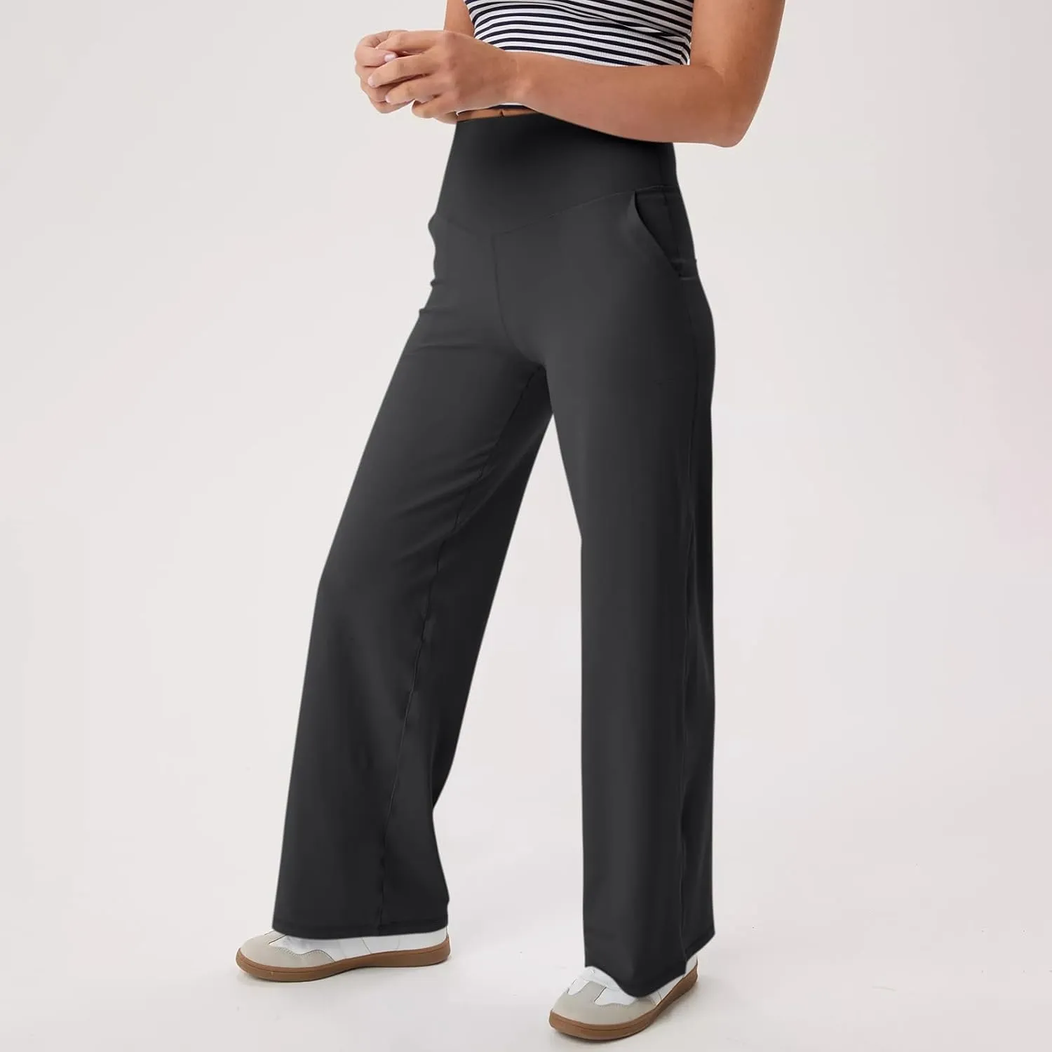 Women Wide Leg Yoga Pants with Pockets Stretch Straight Leg Dress Pant Tummy Control Flare Leggings Athletic Pant