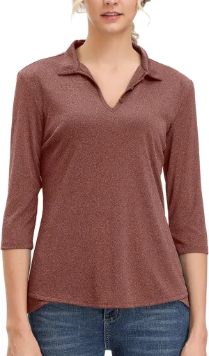 Women's 3/4 Sleeve V Neck Golf Shirt Mositure Wicking Performance Sports Polo T Shirt Tops for Women