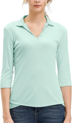 Women's 3/4 Sleeve V Neck Golf Shirt Mositure Wicking Performance Sports Polo T Shirt Tops for Women