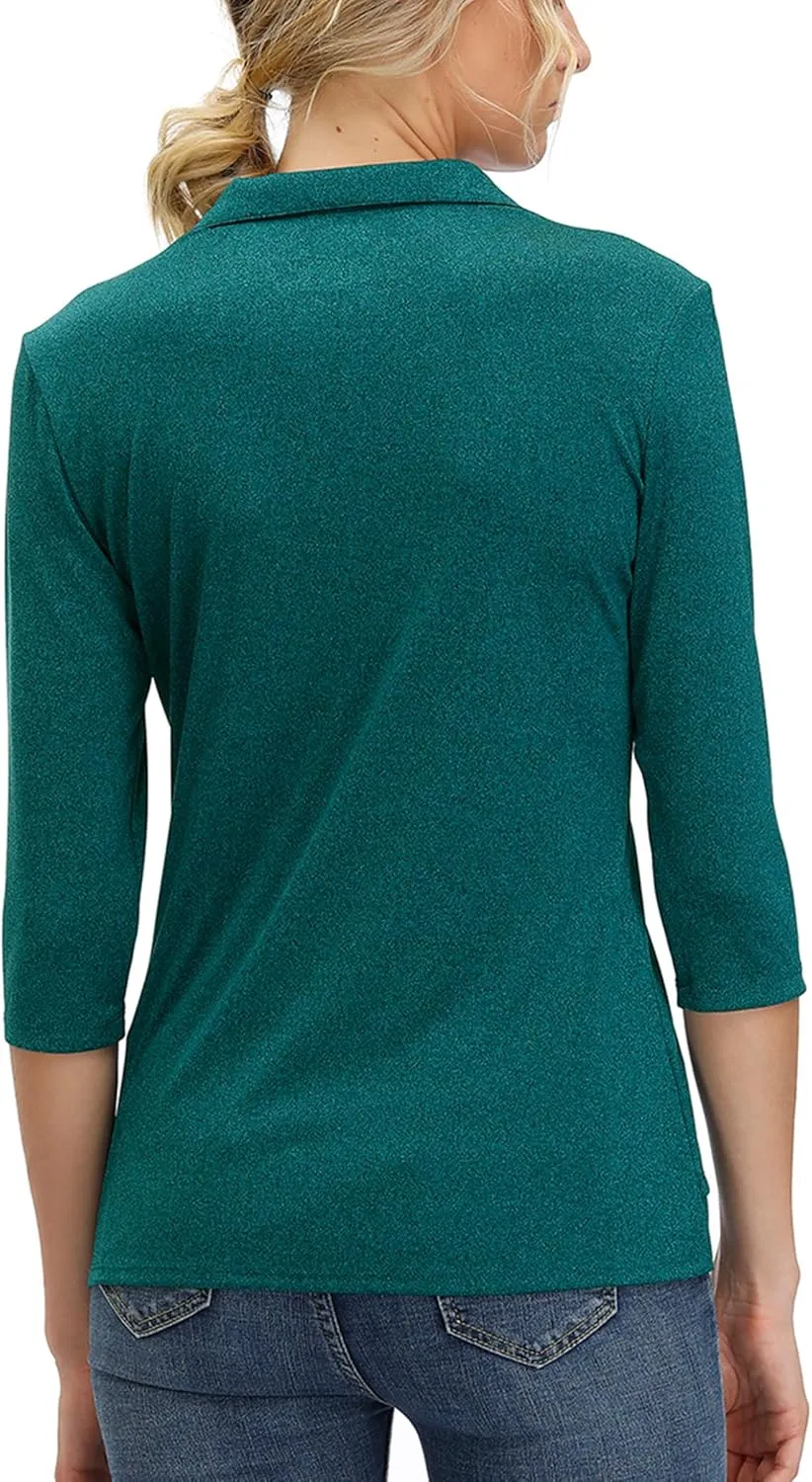 Women's 3/4 Sleeve V Neck Golf Shirt Mositure Wicking Performance Sports Polo T Shirt Tops for Women