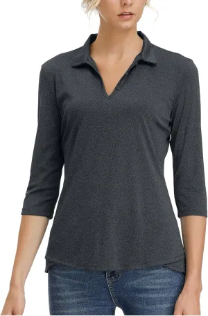 Women's 3/4 Sleeve V Neck Golf Shirt Mositure Wicking Performance Sports Polo T Shirt Tops for Women