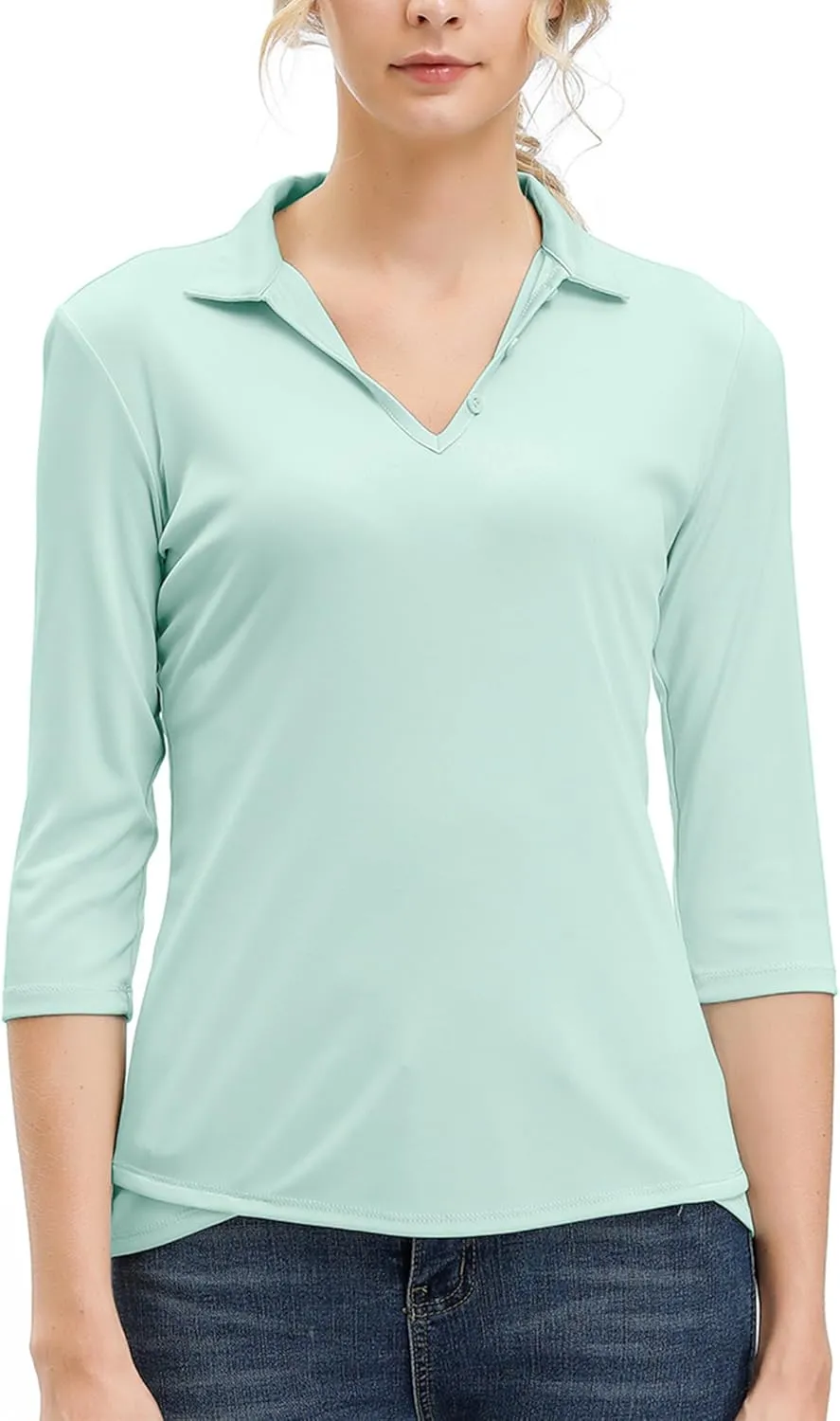Women's 3/4 Sleeve V Neck Golf Shirt Mositure Wicking Performance Sports Polo T Shirt Tops for Women